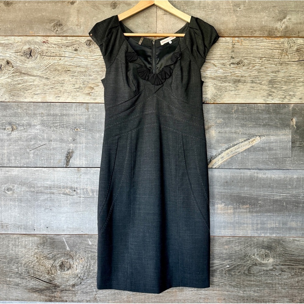 Rebecca Taylor Dark Grey Wool Blend Sheath Dress Black Ruffle V-Neck Office Sz 8
